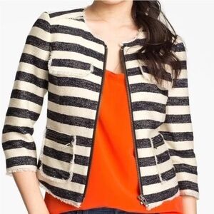 Halogen Nautical Striped Navy Blue / Ivory Fringe Zipper  Cropped Blazer Size 0